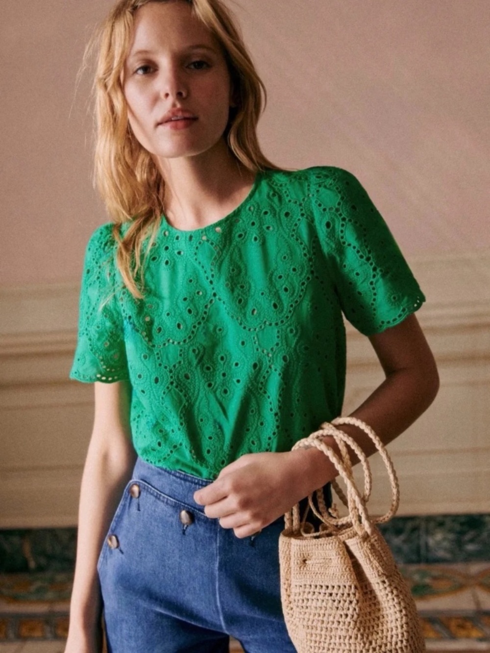 Sezane Annabelle Eyelet Blouse Top in Green EU size 36 US Size 4 Like New